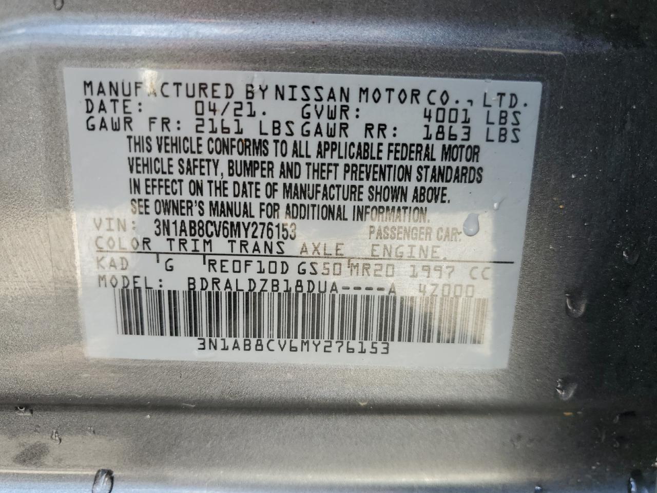 2021 Nissan Sentra Sv VIN: 3N1AB8CV6MY276153 Lot: 59867085
