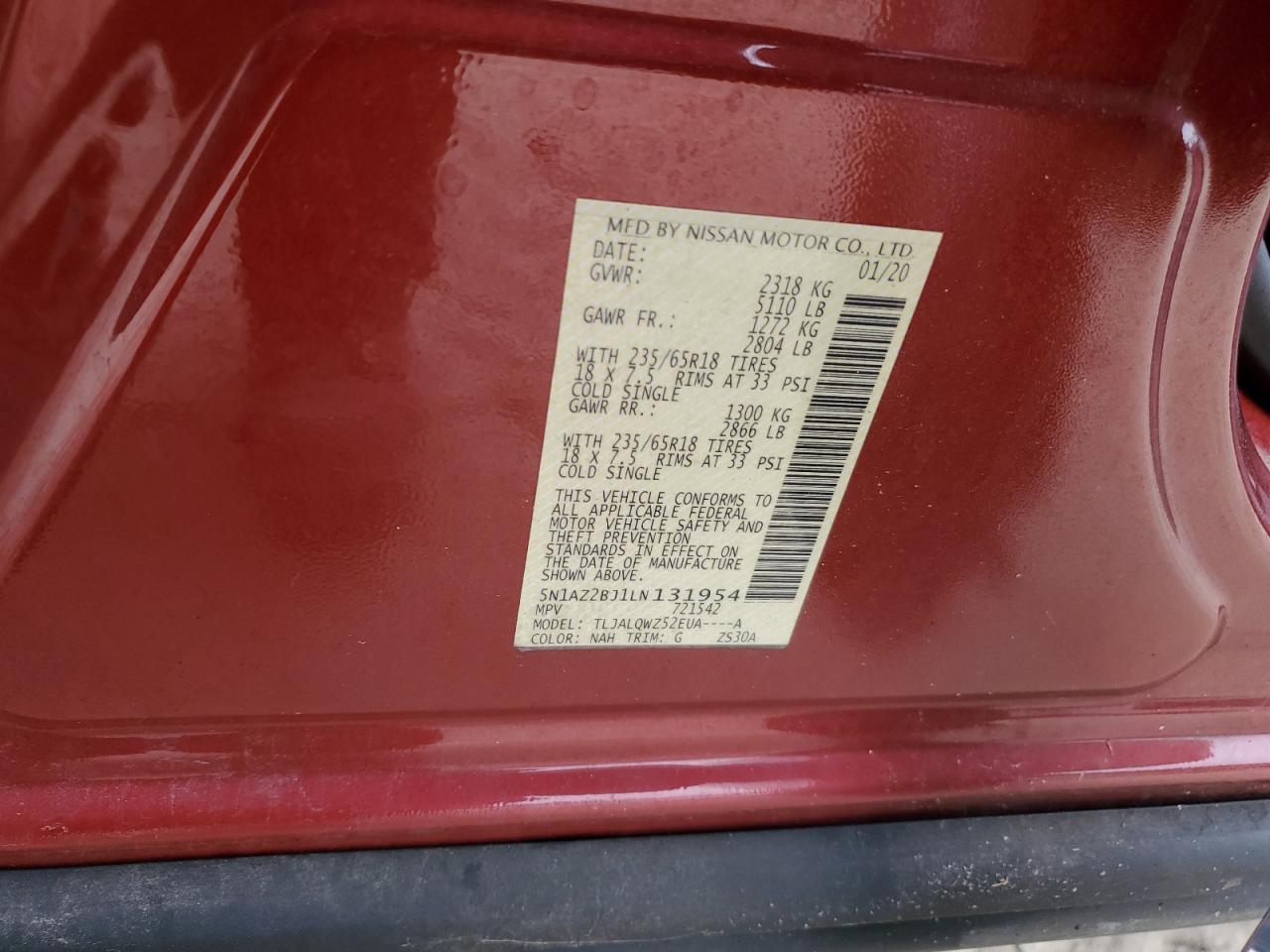 2020 Nissan Murano Sv VIN: 5N1AZ2BJ1LN131954 Lot: 62722795