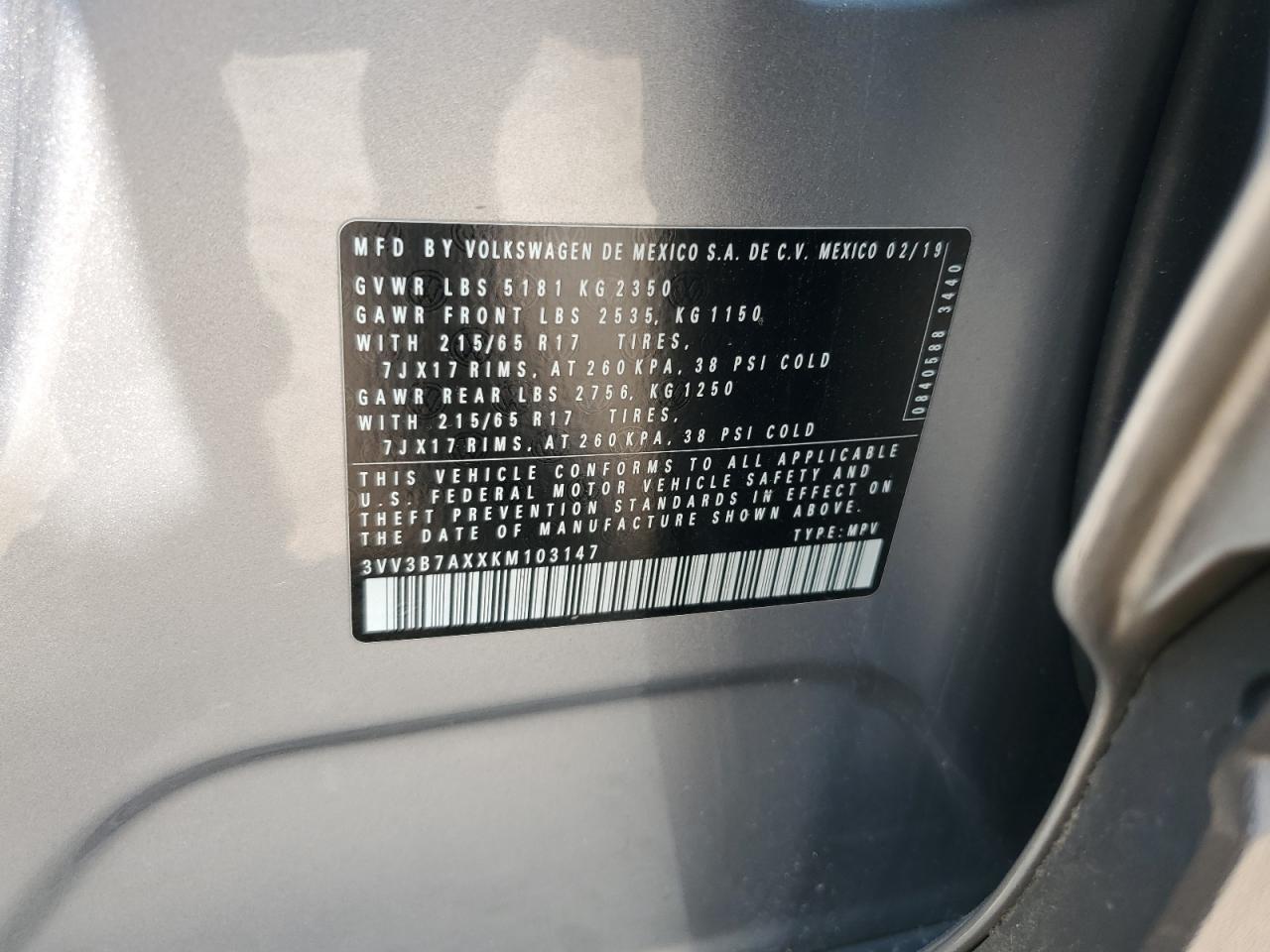 2019 Volkswagen Tiguan Se VIN: 3VV3B7AXXKM103147 Lot: 59734875