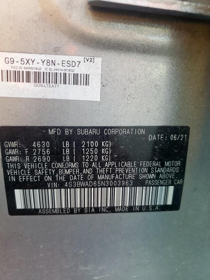 2022 Subaru Legacy Premium VIN: 4S3BWAD65N3003963 Lot: 60762245