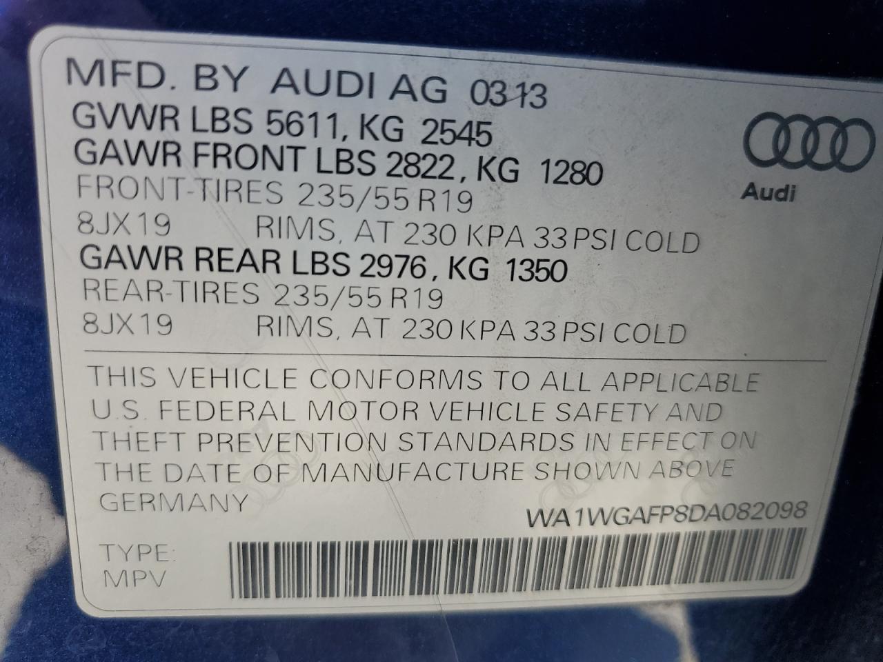 2013 Audi Q5 Prestige VIN: WA1WGAFP8DA082098 Lot: 61962325