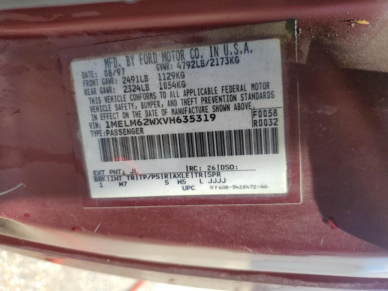 1997 Mercury Cougar Xr7 VIN: 1MELM62WXVH635319 Lot: 61336735