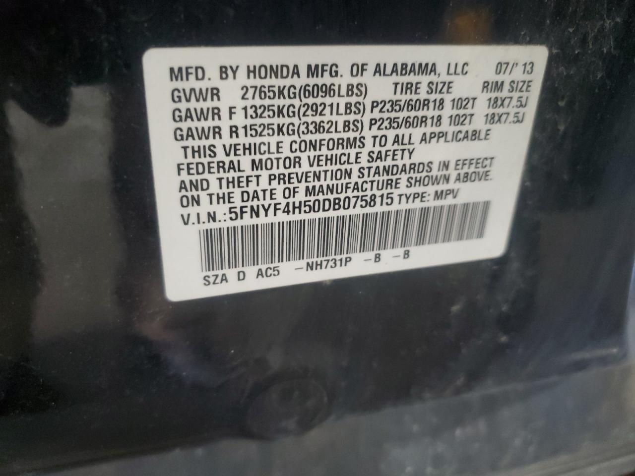 2013 Honda Pilot Exl VIN: 5FNYF4H50DB075815 Lot: 61765025