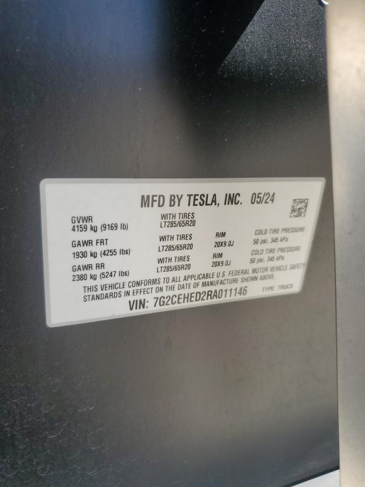 2024 Tesla Cybertruck VIN: 7G2CEHED2RA011146 Lot: 61048255