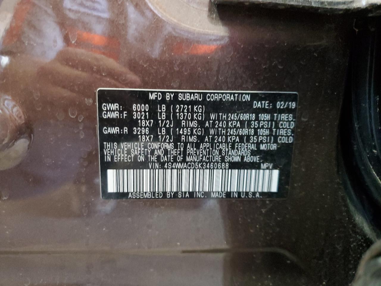 2019 Subaru Ascent Premium VIN: 4S4WMACD5K3460688 Lot: 57597875