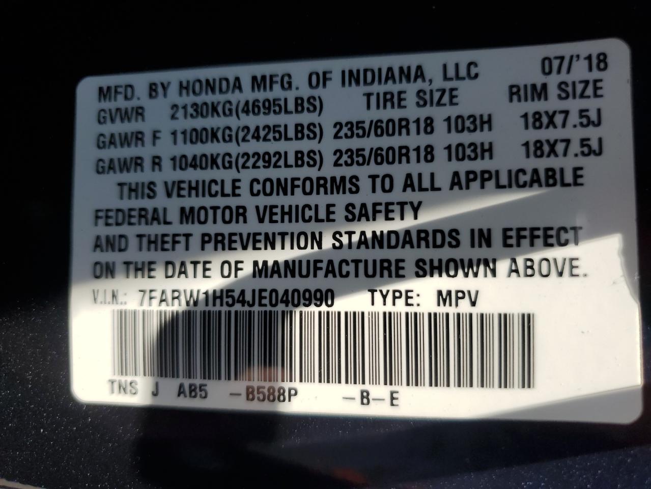 2018 Honda Cr-V Ex VIN: 7FARW1H54JE040990 Lot: 46330665