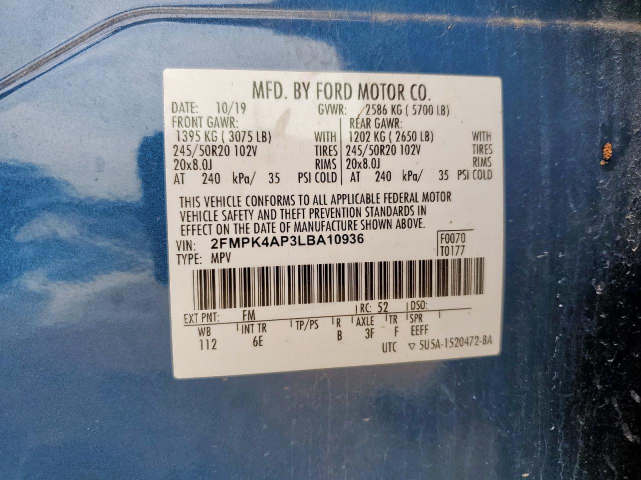 2020 Ford Edge St VIN: 2FMPK4AP3LBA10936 Lot: 60826445