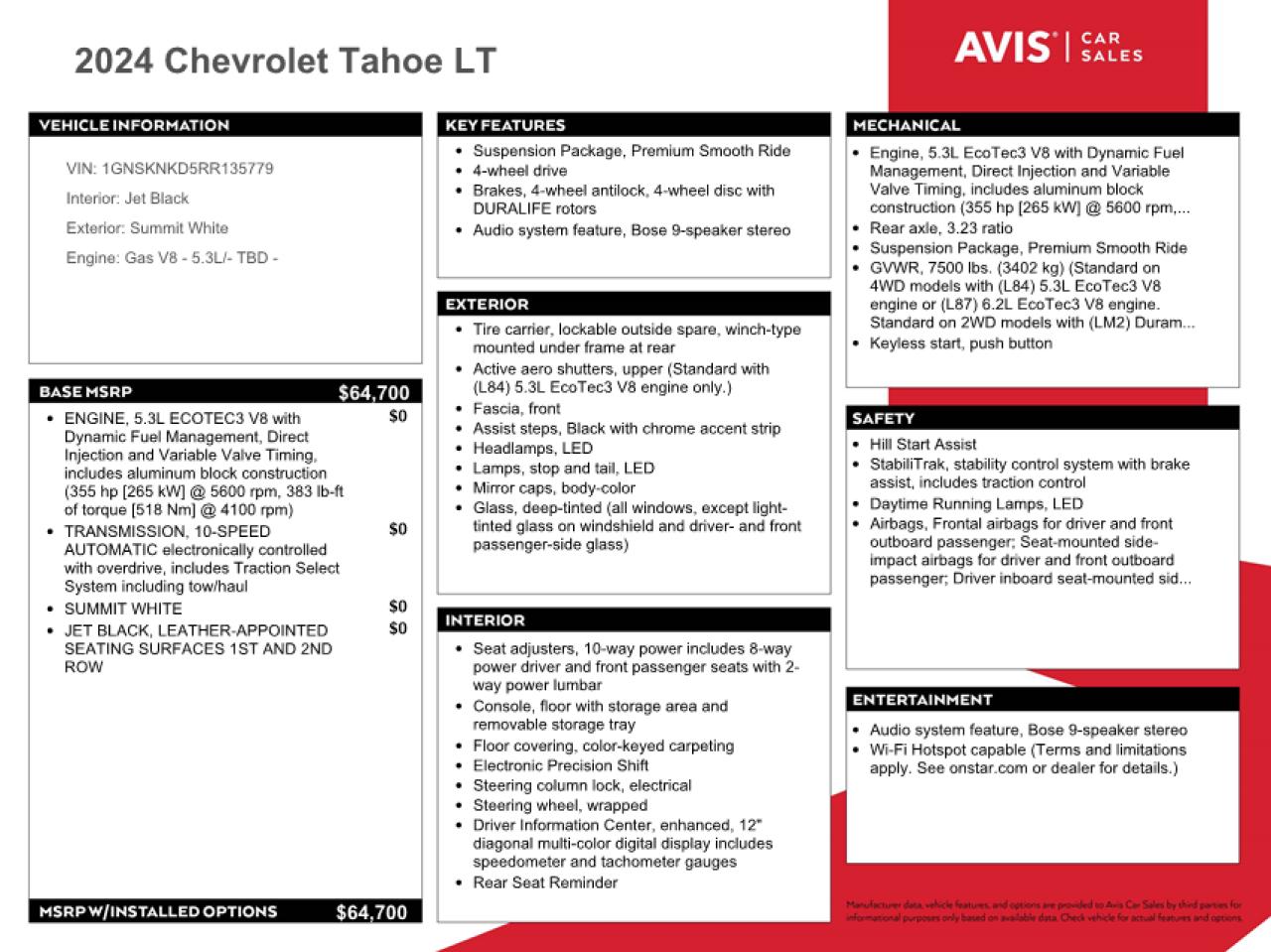 2024 Chevrolet Tahoe K1500 Lt VIN: 1GNSKNKD5RR135779 Lot: 62856195