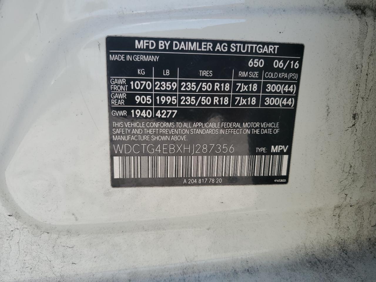 2017 Mercedes-Benz Gla 250 VIN: WDCTG4EBXHJ287356 Lot: 61979405