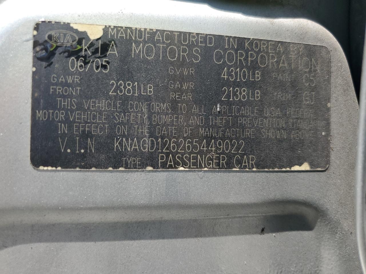 2006 Kia Optima Lx VIN: KNAGD126265449022 Lot: 61248585