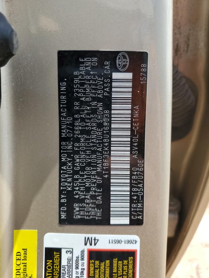 TOYOTA CAMRY 2011 VIN 4T1BF3EK4BU168038 фото 12