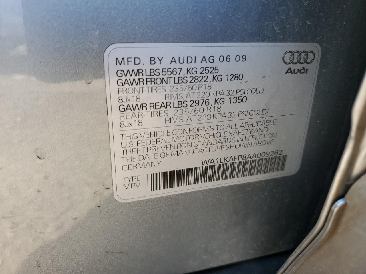 2010 Audi Q5 Premium Plus VIN: WA1LKAFP8AA009262 Lot: 60888405