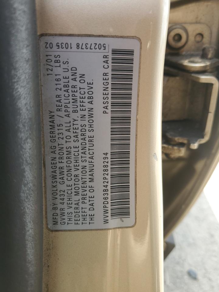 2002 Volkswagen Passat Gls VIN: WVWPD63B42P288294 Lot: 62377685