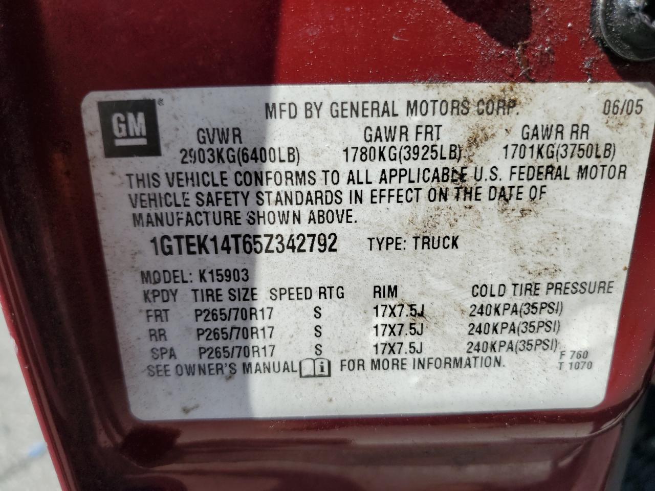 2005 GMC New Sierra K1500 VIN: 1GTEK14T65Z342792 Lot: 58053065