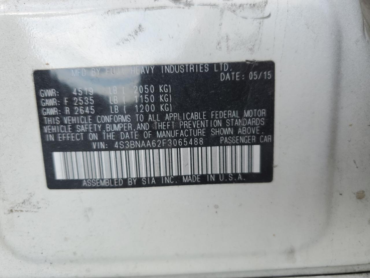 2015 Subaru Legacy 2.5I VIN: 4S3BNAA62F3065488 Lot: 62594005