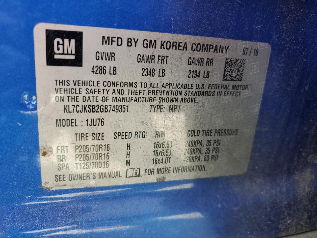 2016 Chevrolet Trax Ls VIN: KL7CJKSB2GB749351 Lot: 68202255