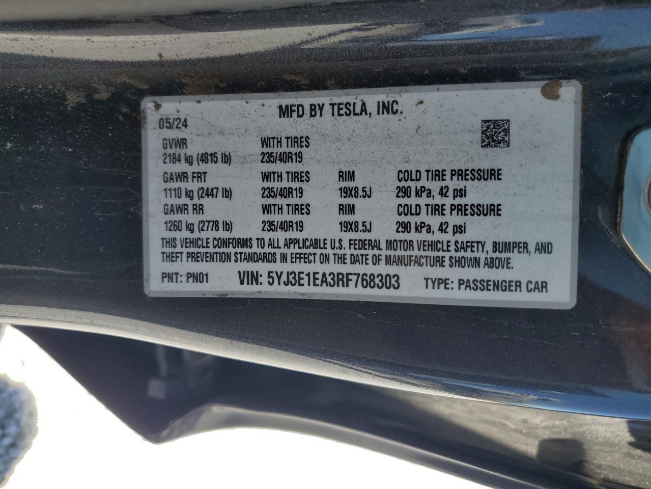 2024 Tesla Model 3 VIN: 5YJ3E1EA3RF768303 Lot: 60329715