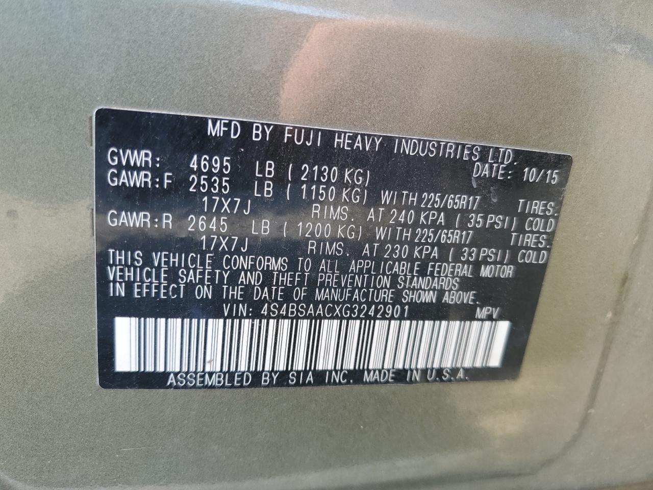 SUBARU OUTBACK 2016 VIN 4S4BSAACXG3242901 photo 12