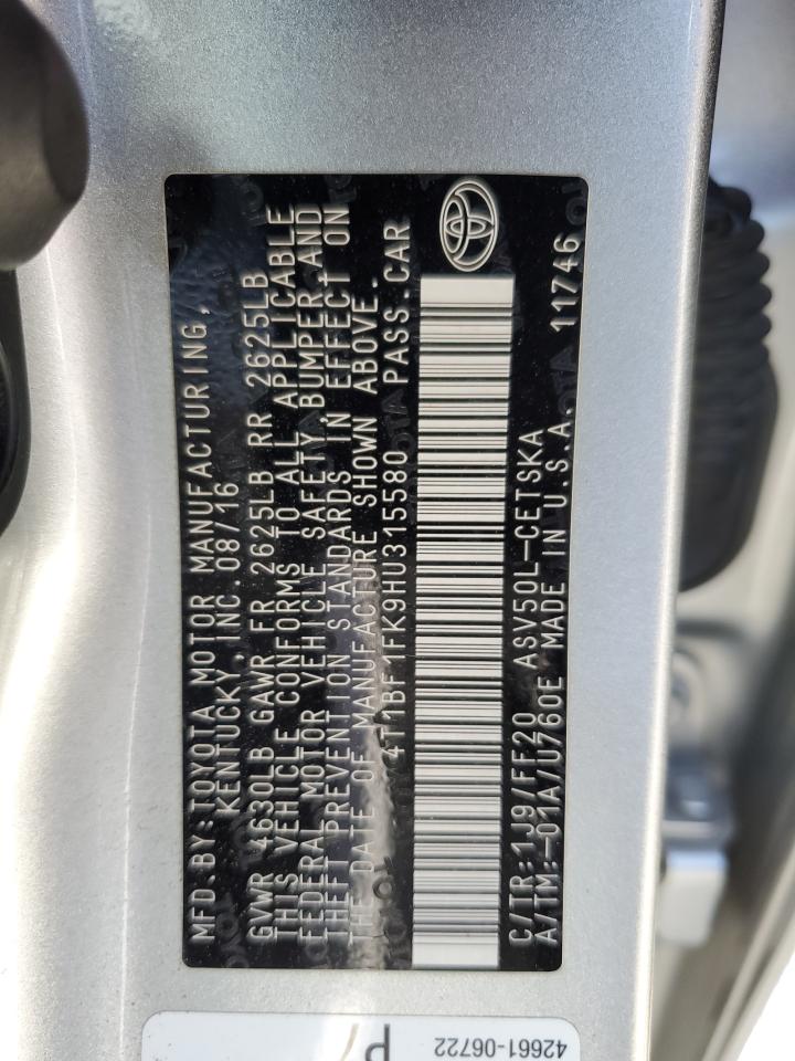 2017 Toyota Camry Le VIN: 4T1BF1FK9HU315580 Lot: 62851725