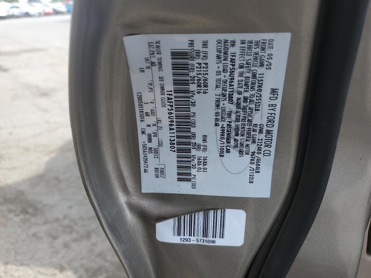 2006 Ford Taurus Sel VIN: 1FAFP56U96A113807 Lot: 61101615