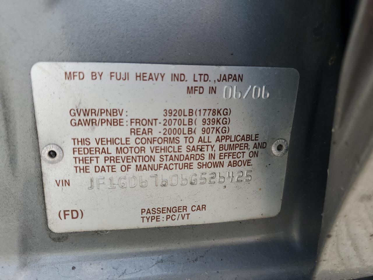 2006 Subaru Impreza 2.5I VIN: JF1GD67606G526425 Lot: 60412085