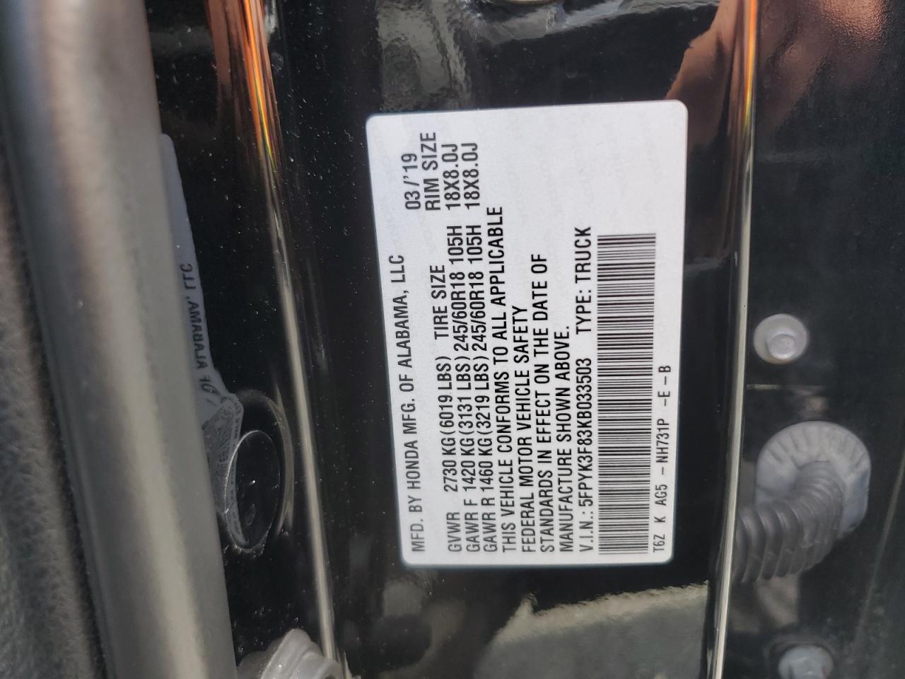 2019 Honda Ridgeline Black Edition VIN: 5FPYK3F83KB033503 Lot: 62902465