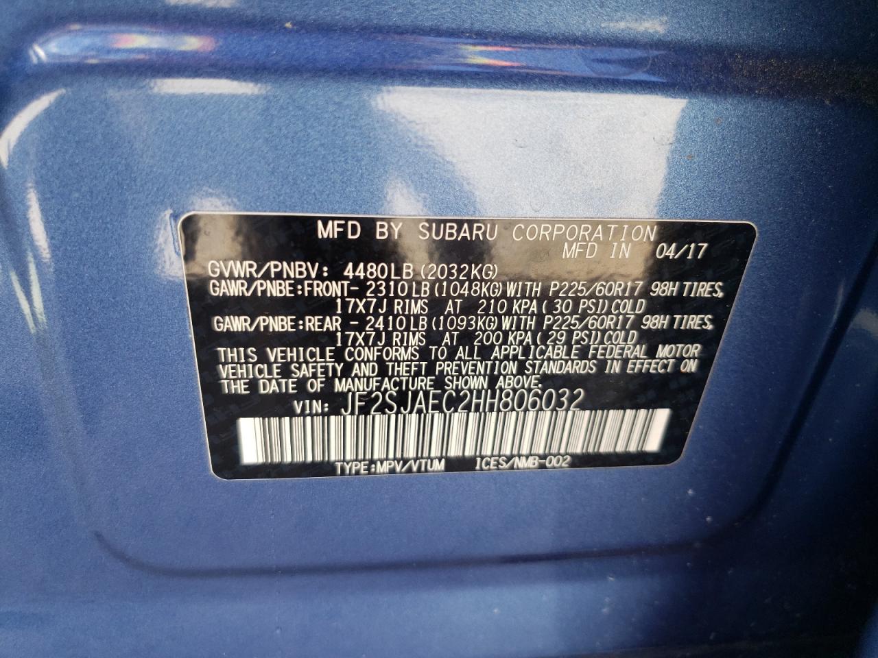 2017 Subaru Forester 2.5I Premium VIN: JF2SJAEC2HH806032 Lot: 61071675