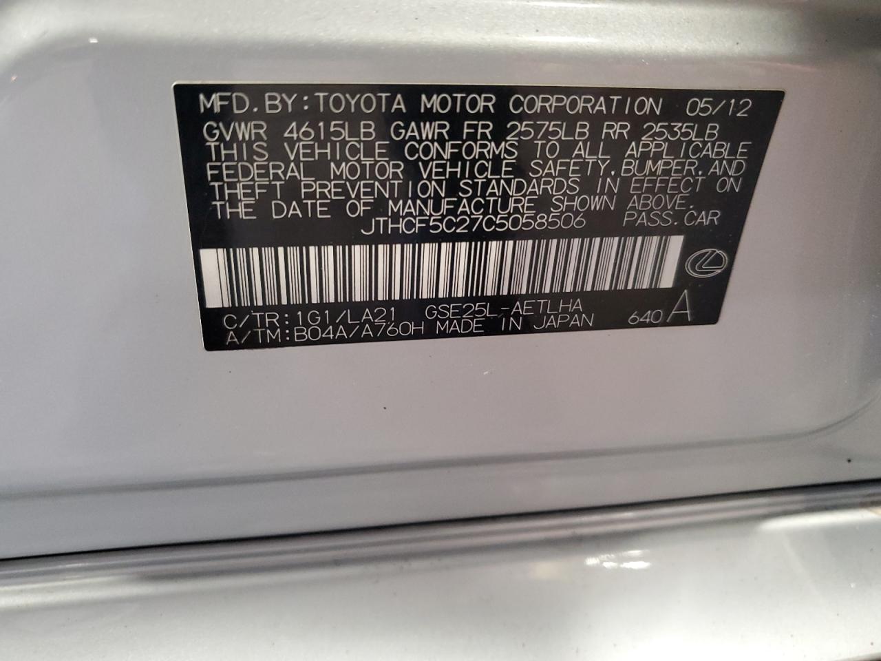 2012 Lexus Is 250 VIN: JTHCF5C27C5058506 Lot: 60878405