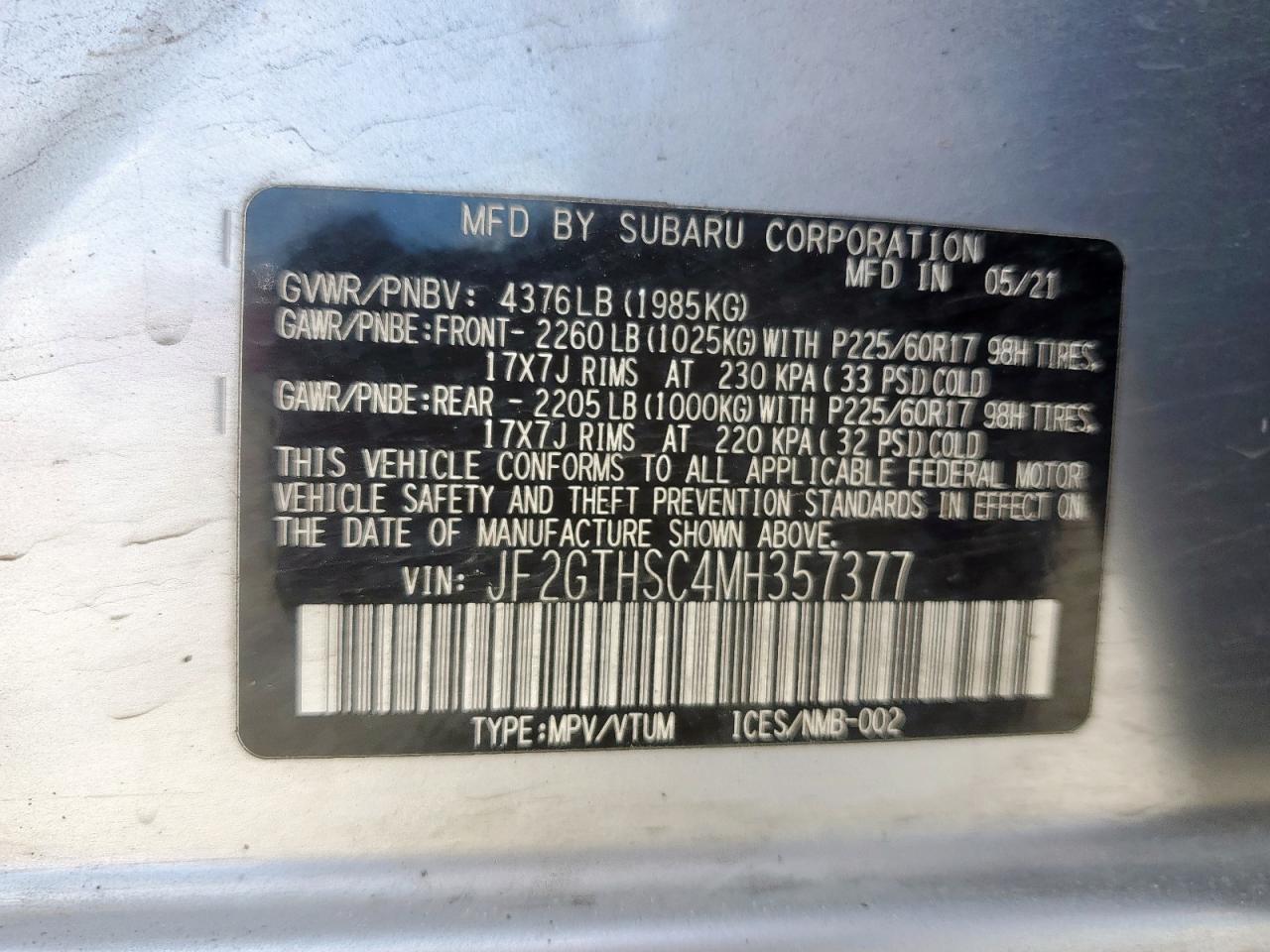 2021 Subaru Crosstrek Sport VIN: JF2GTHSC4MH357377 Lot: 62307235