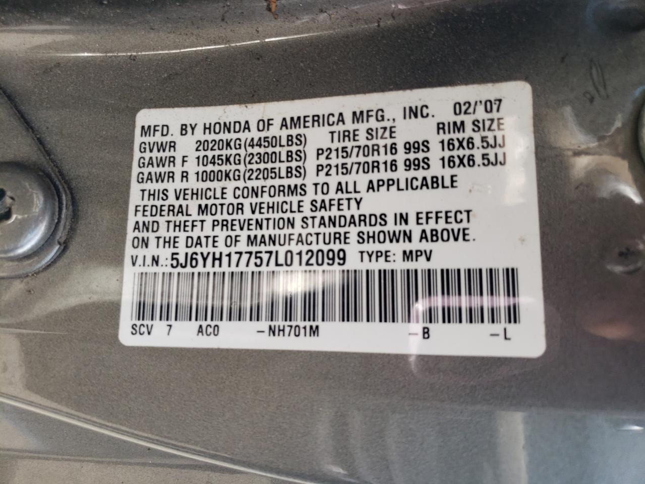 2007 Honda Element Ex VIN: 5J6YH17757L012099 Lot: 59978785