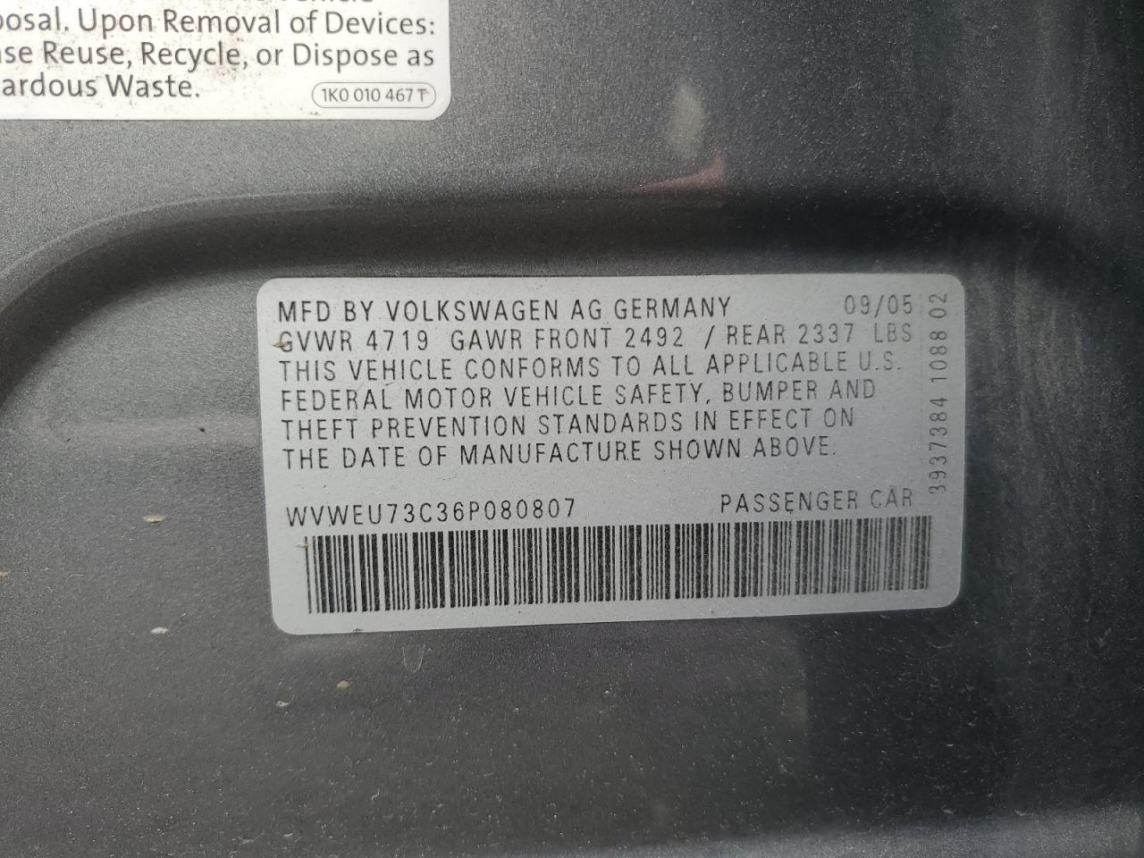 2006 Volkswagen Passat 3.6L Luxury VIN: WVWEU73C36P080807 Lot: 61344235
