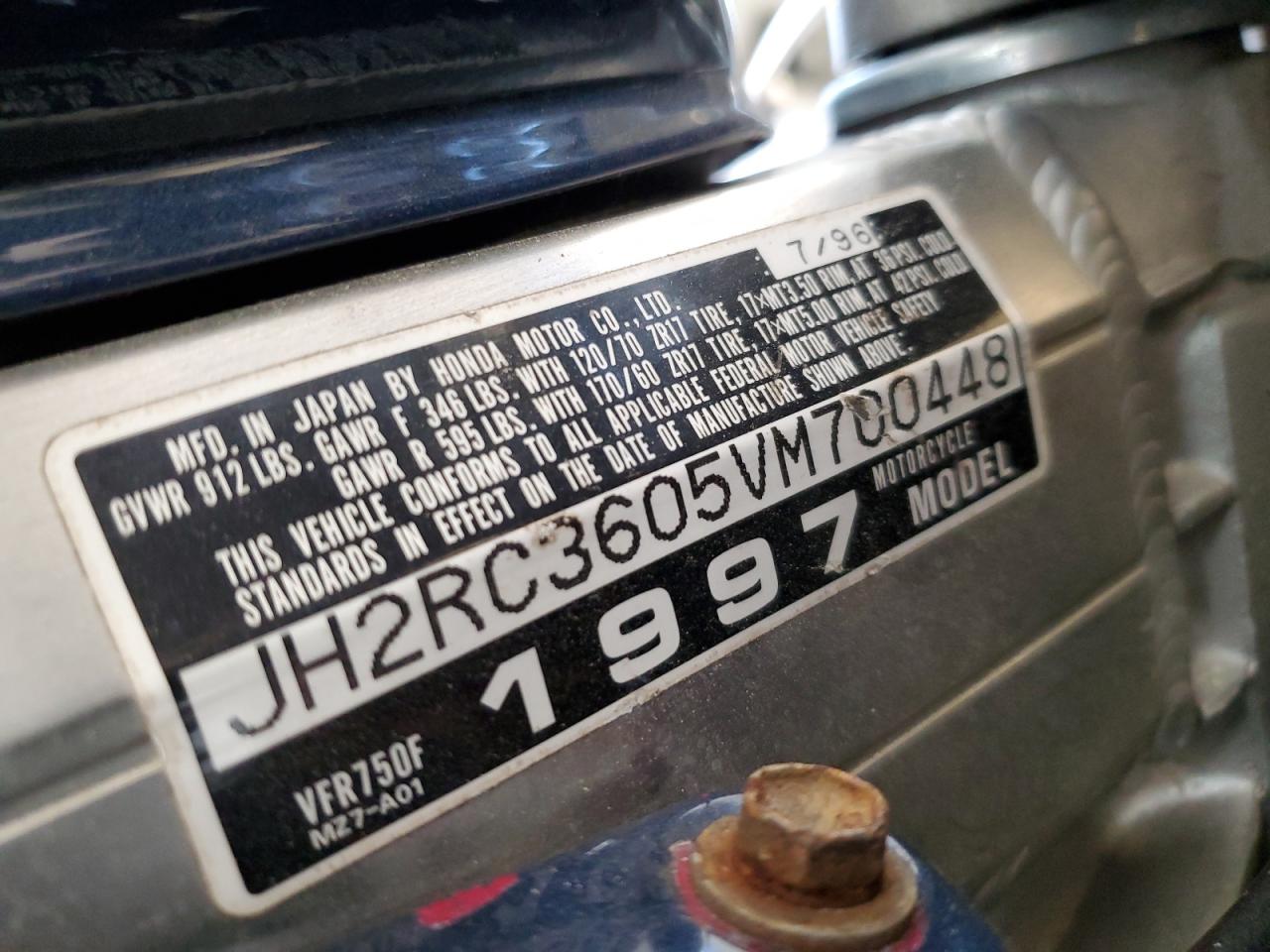 1997 Honda Vfr750 F VIN: JH2RC3605VM700448 Lot: 56935555
