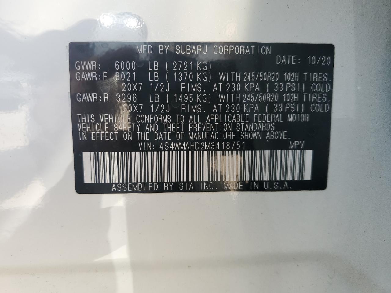 2021 Subaru Ascent Premium VIN: 4S4WMAHD2M3418751 Lot: 61865345