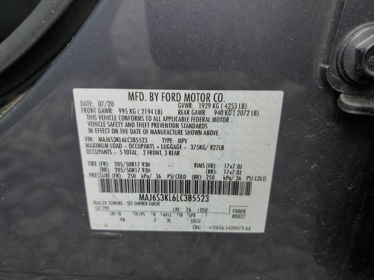 2020 Ford Ecosport Titanium VIN: MAJ6S3KL6LC385523 Lot: 62922695