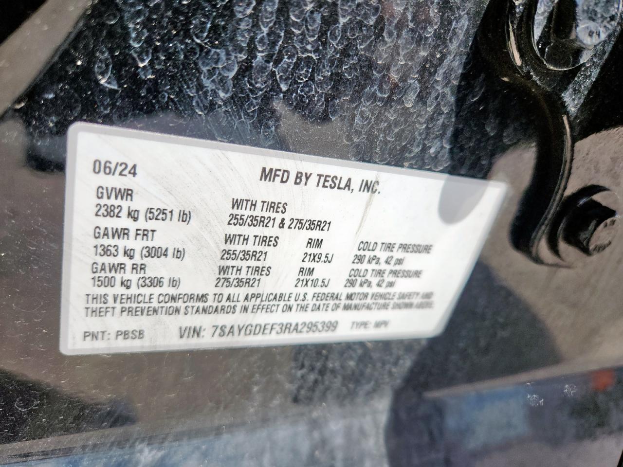 2024 Tesla Model Y VIN: 7SAYGDEF3RA295399 Lot: 62844215