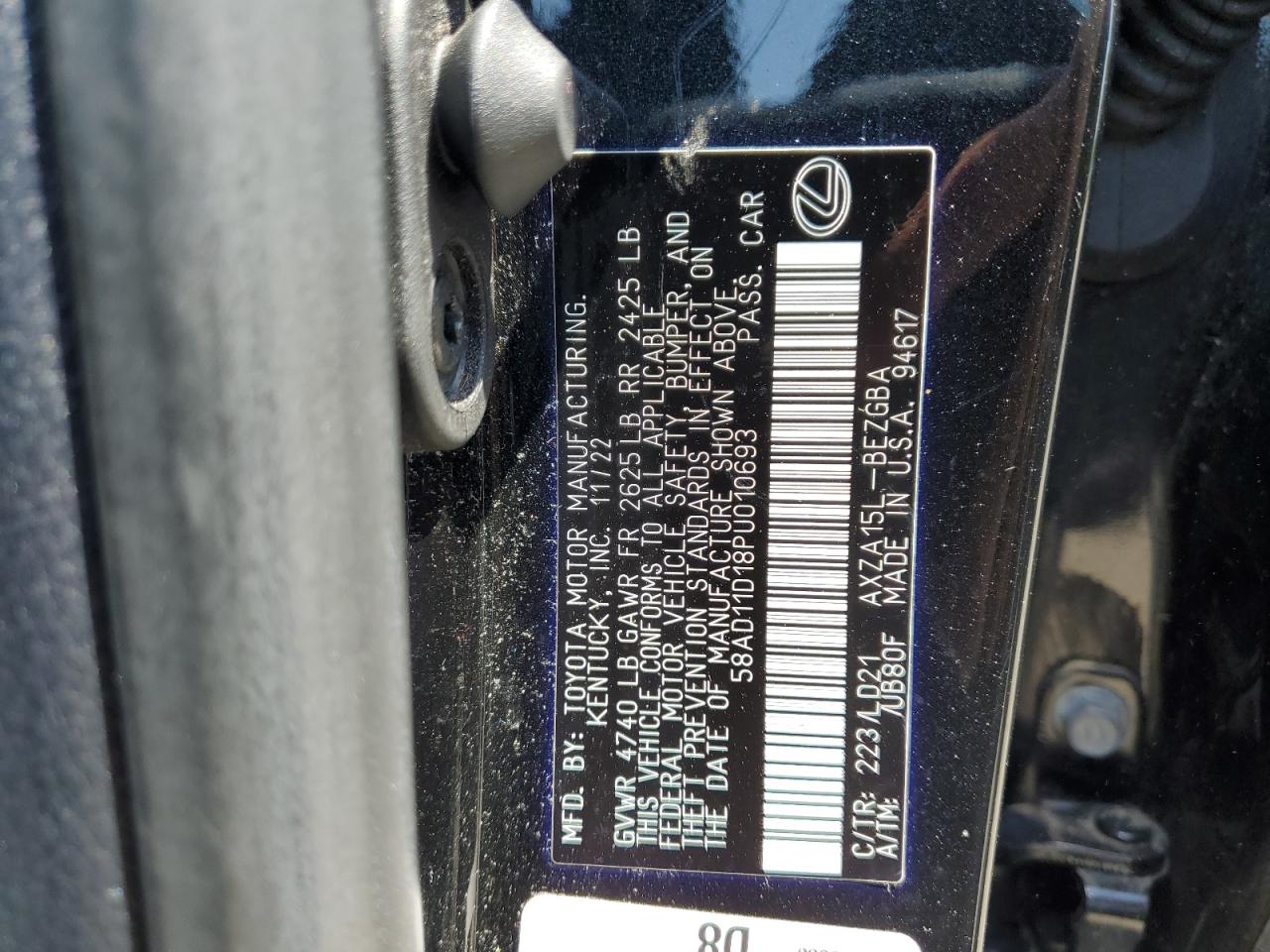 2023 Lexus Es 250 Base VIN: 58AD11D18PU010693 Lot: 61650675
