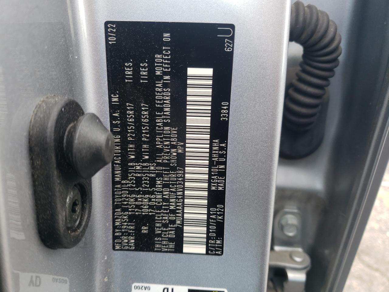 2022 Toyota Corolla Cross L VIN: 7MUAAAAG4NV034987 Lot: 61808595