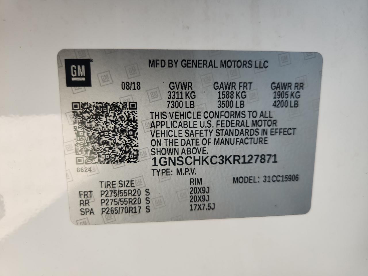 2019 Chevrolet Suburban C1500 Lt VIN: 1GNSCHKC3KR127871 Lot: 58317055