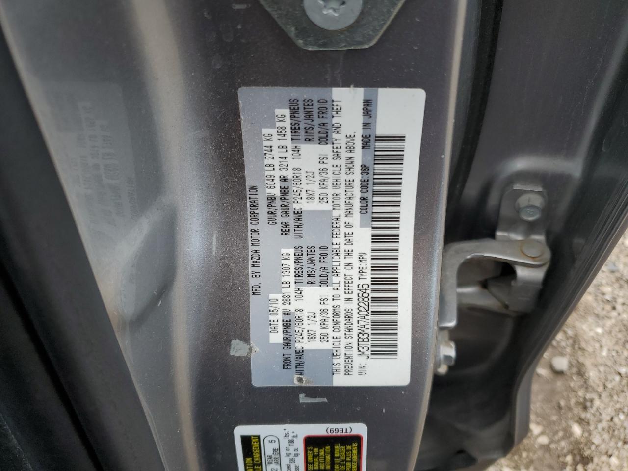 2010 Mazda Cx-9 VIN: JM3TB3MA7A0228646 Lot: 61781665