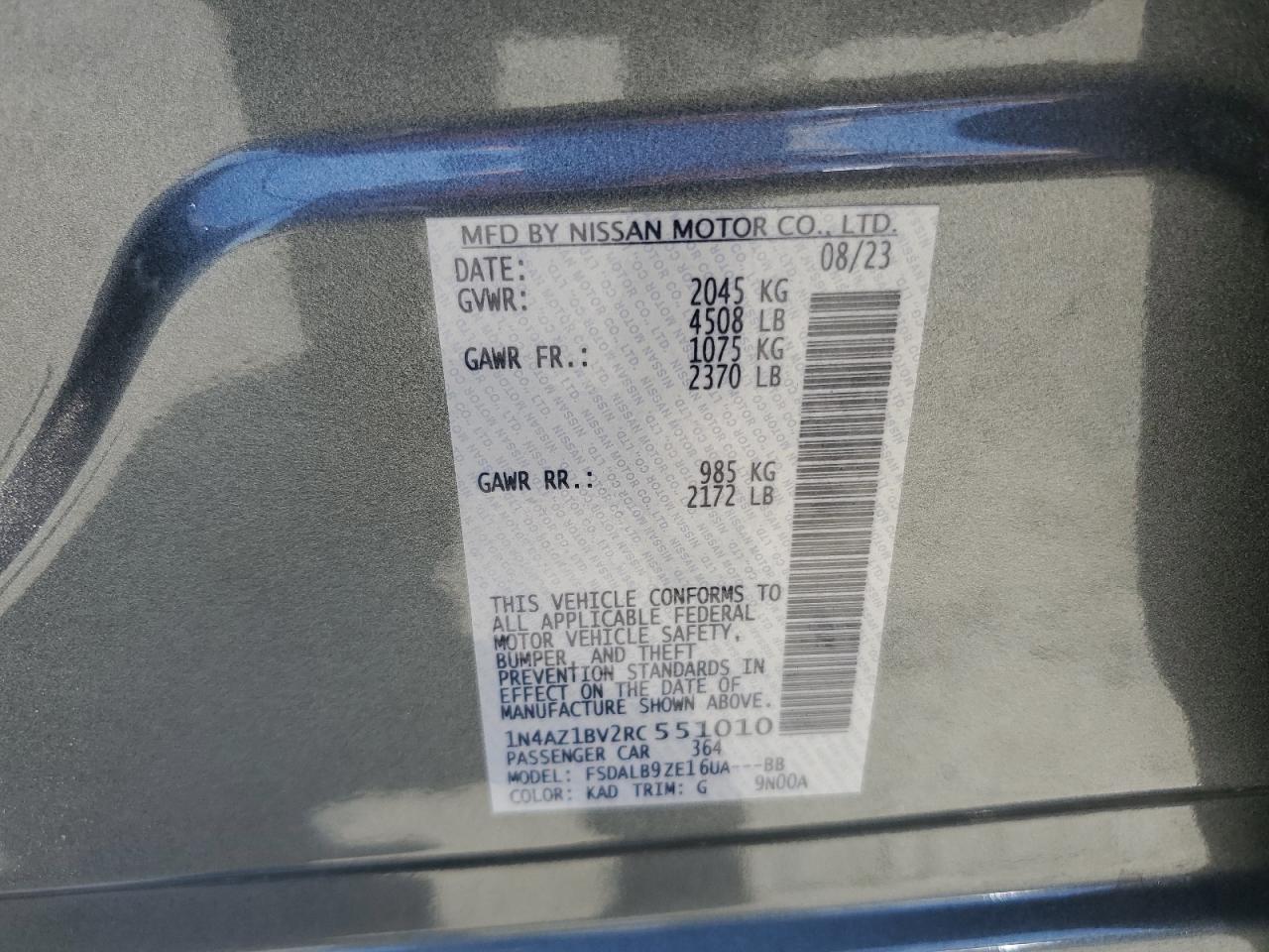 2024 Nissan Leaf S VIN: 1N4AZ1BV2RC551010 Lot: 59508015