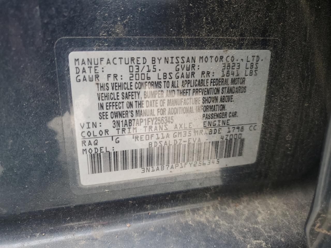 2015 Nissan Sentra S VIN: 3N1AB7AP1FY256345 Lot: 60519235