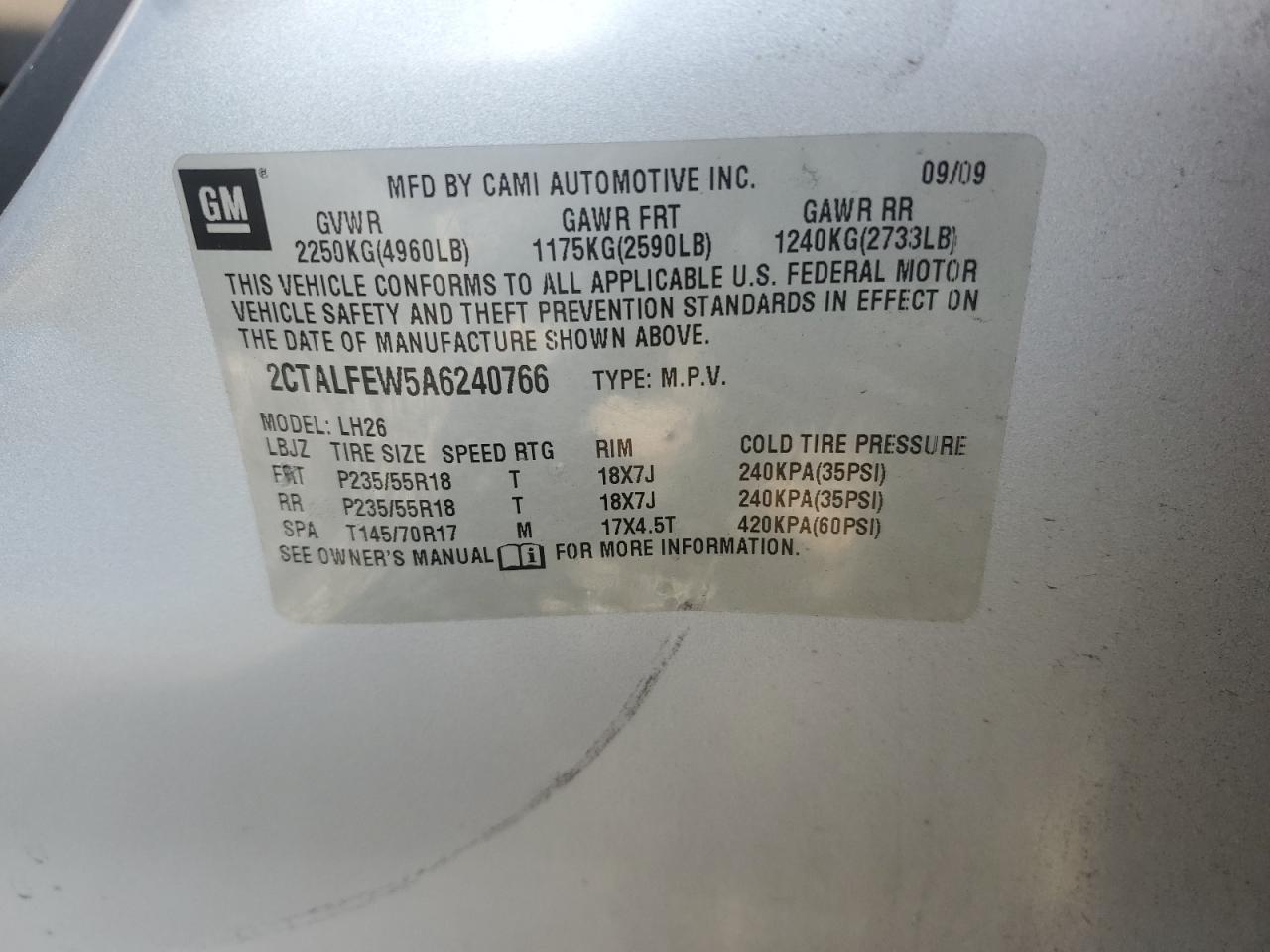 2010 GMC Terrain Slt VIN: 2CTALFEW5A6240766 Lot: 61723975