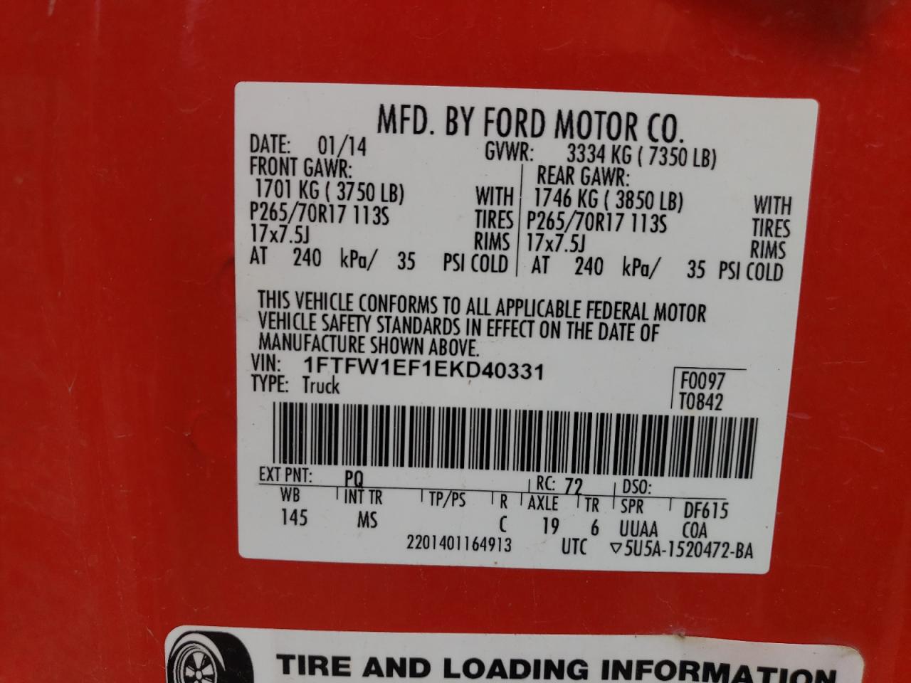 2014 Ford F150 Supercrew VIN: 1FTFW1EF1EKD40331 Lot: 62952905