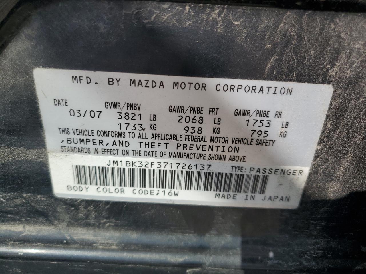 2007 Mazda 3 I VIN: JM1BK32F371726137 Lot: 60935175