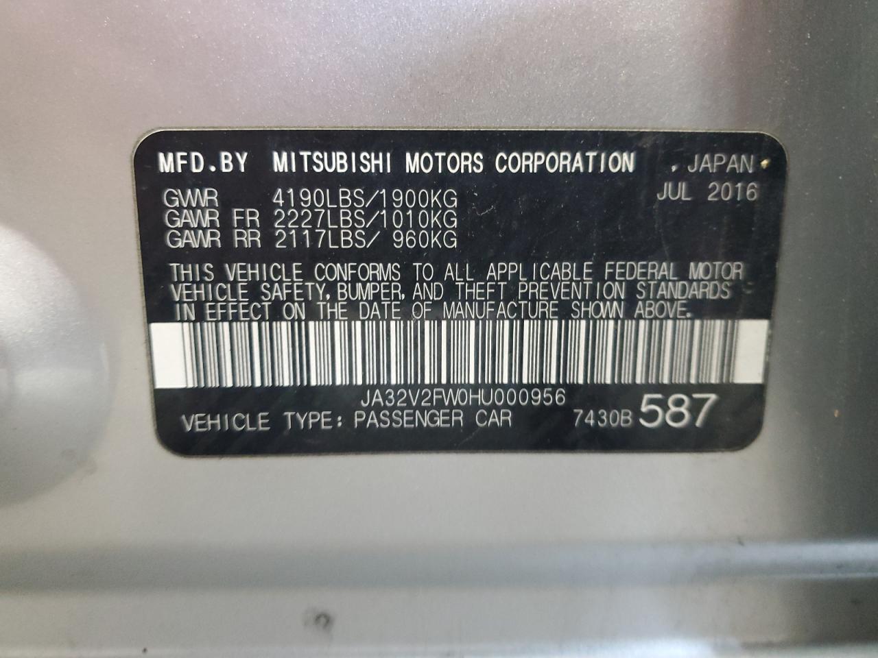 2017 Mitsubishi Lancer Es VIN: JA32V2FW0HU000956 Lot: 62727735