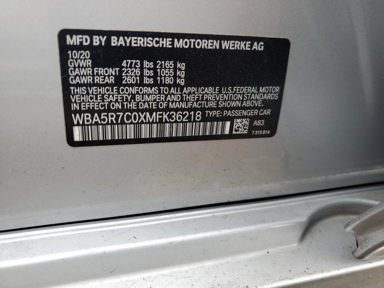 2021 BMW 330Xi VIN: WBA5R7C0XMFK36218 Lot: 62274005