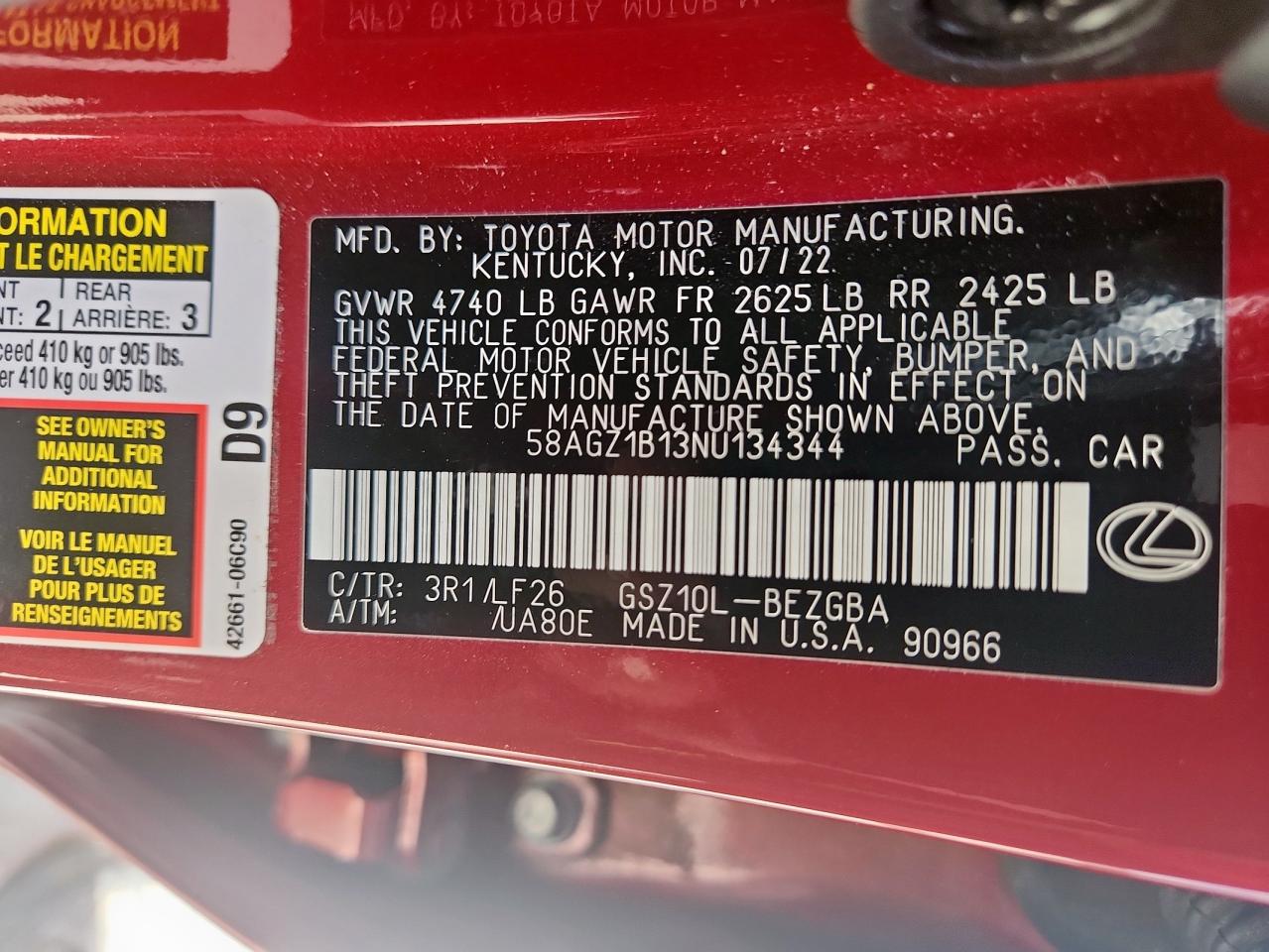 2022 Lexus Es 350 Base VIN: 58AGZ1B13NU134344 Lot: 62925365