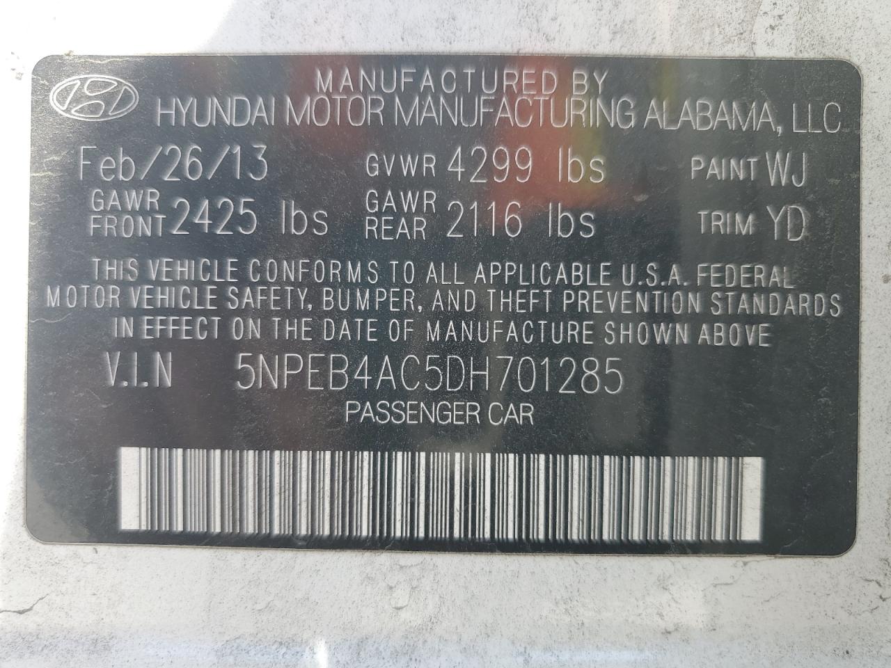 2013 Hyundai Sonata Gls VIN: 5NPEB4AC5DH701285 Lot: 61617055