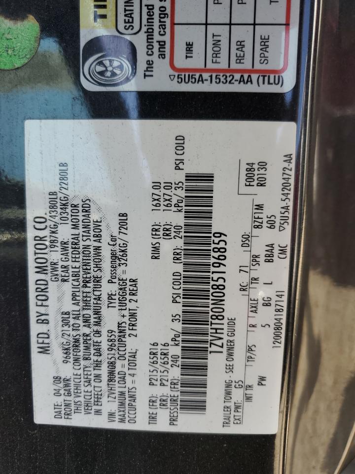 2008 Ford Mustang VIN: 1ZVHT80N085196859 Lot: 62763755