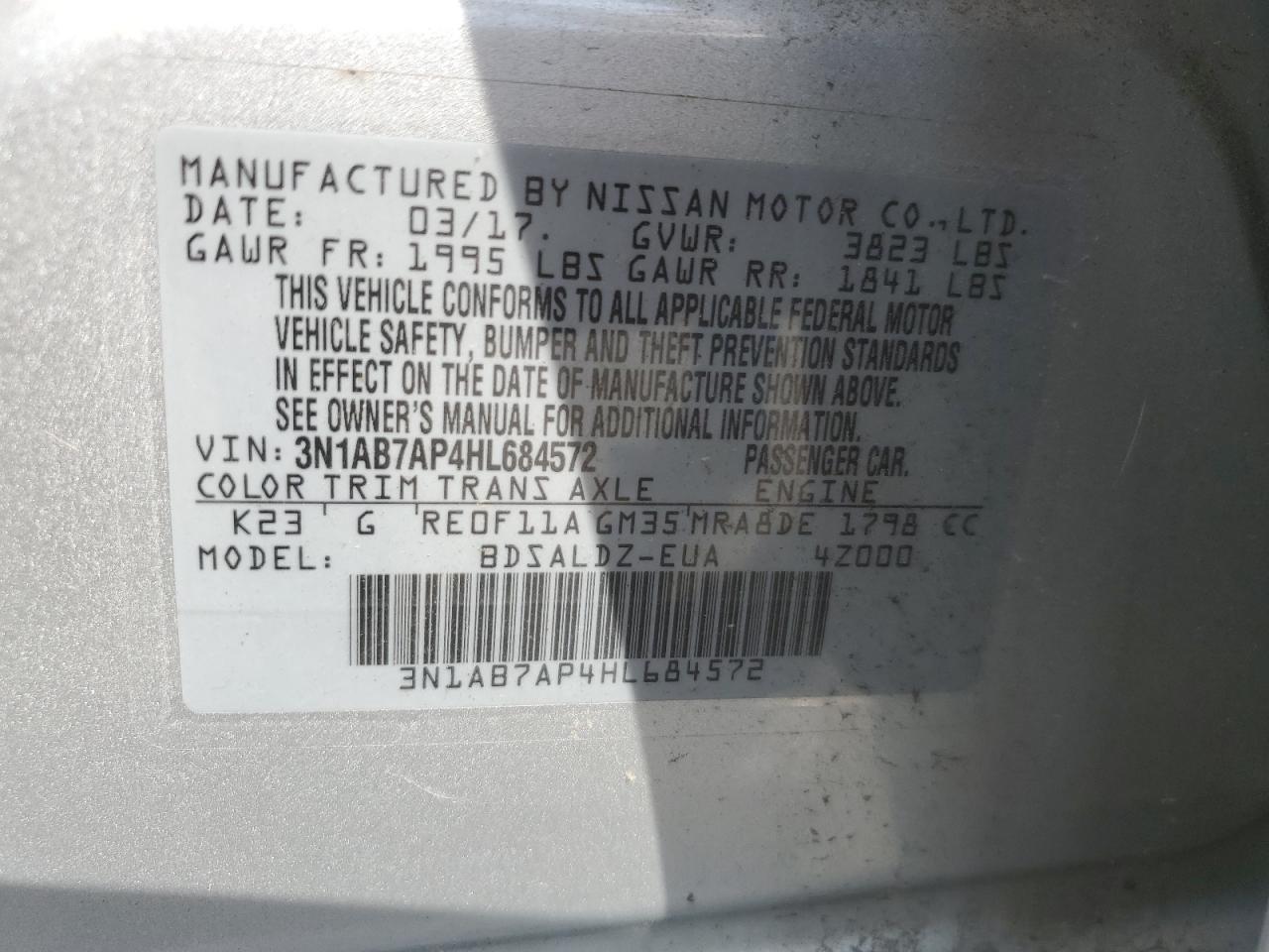 2017 Nissan Sentra S VIN: 3N1AB7AP4HL684572 Lot: 63182235